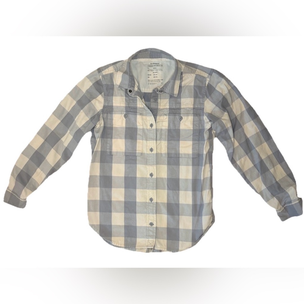 REI Gray and Cream Plaid Button Up Shirt 100% Cotton Long Sleeve Size Medium